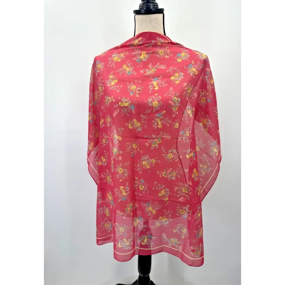 Vintage Dainty Floral Pink Silk Chiffon Large Square Scarf Head Wrap 31.5